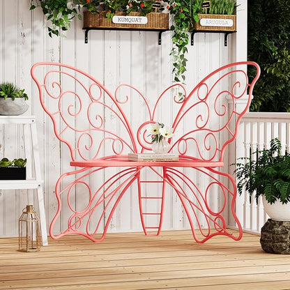 49 Inch Outdoor Bench, Pink Garden Bench with Metal Frame, Weatherproof Butterfly Front Porch Benches for Lawn, Garden, Yard, Balcony