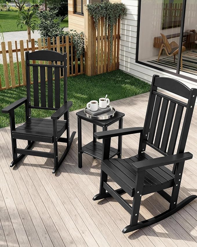 3-Piece Outdoor Rocking Chair Set, Oversized Porch Rocking Chair Set of 2 with Side Table, HDPE High Back Patio Rocking Chair, Suitable for Patio, Porch, Backyard, Black