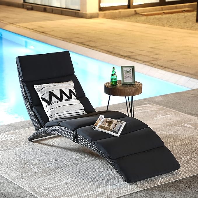 JOIVI Patio Chaise Lounge, Outdoor Lounge Chair, PE Rattan Folding Chaise Lounger with Removable Dark Gray Cushion - Photo 7