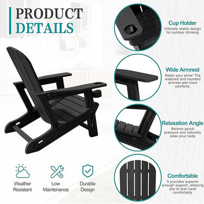 JY QAQA Outdoor Adirondack Chair Set of 2, All-Weather HDPE Patio Furniture with Detachable Table, Wood Texture & Cup Holder for Patio, Poolside, Garden, Black