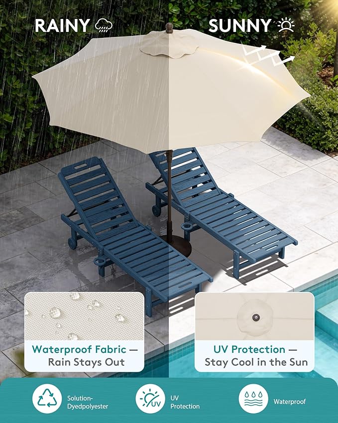 SERWALL Outdoor Chaise Lounge Set of 2 with 9FT Umbrella, HDPE Pool Lounge Chair with 5-Position Adjustable Backrest - Photo 6