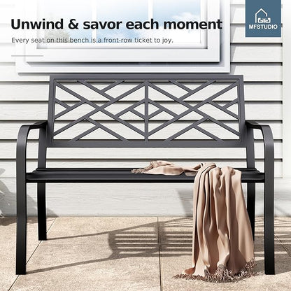 MFSTUDIO 43.7 Inches Outdoor Garden Bench, Cast Iron Metal Frame Patio Park Outside Benches with Geometric Pattern Backrest for Front Porch, Black