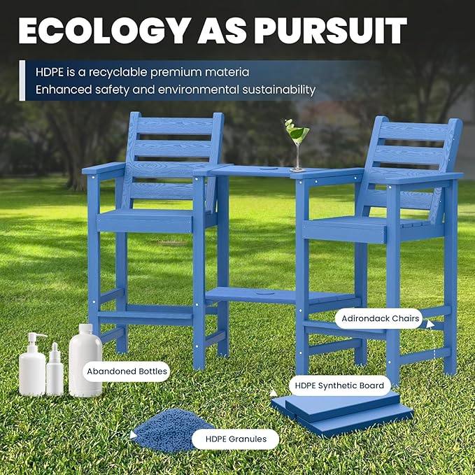 PLUUV Tall Adirondack Chairs Set of 2, All Weather HDPE Poly Bar Height Balcony Adirondack Chair with Removable Double Connecting Trays, Outdoor Adirondack Barstools for Deck, Patio, Yard, Pool, Lawn