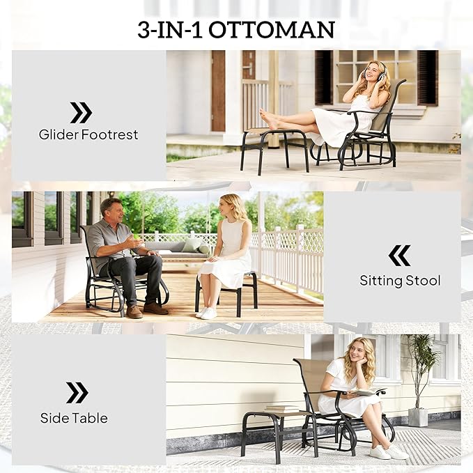 Outsunny Outdoor Glider Chair with Ottoman, Patio Glider Set with 24.4" High Back, 22" Wide Seat - Photo 7