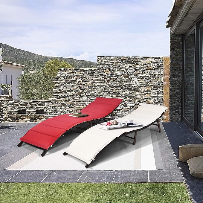 Tangkula 2 Pieces Patio Rattan Chaise Lounge, Outdoor Wicker Lounge Chair, Foldable Chaise Lounge, Suitable for Poolside, Garden, Balcony