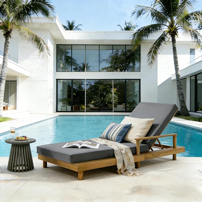 Merax Acacia Wood Outdoor Chaise Lounge Chair with 3-Position Adjustable Backrest & 4" Thick 3-Fold Removable Cushion, 76.8" L Modern Patio Sun Lounger for Garden Pool Beach Yard, Dark-Grey+Teak