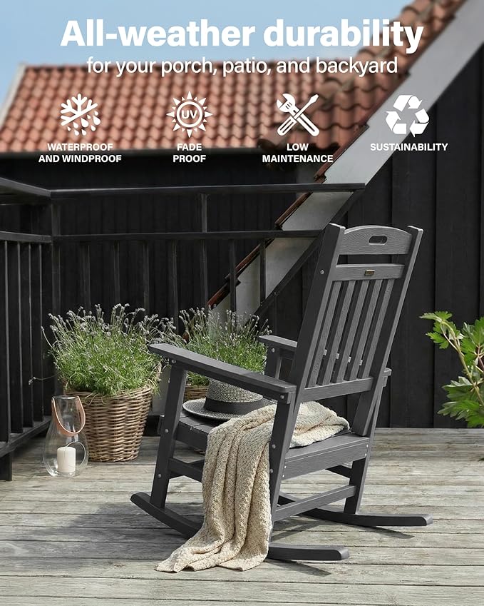 YEFU Outdoor Rocking Chairs Set of 4: Plastic Rocking Chairs for Outside, Weather Resistant for Patio, Easy to Assemble, Safe&Comfortable, Grey