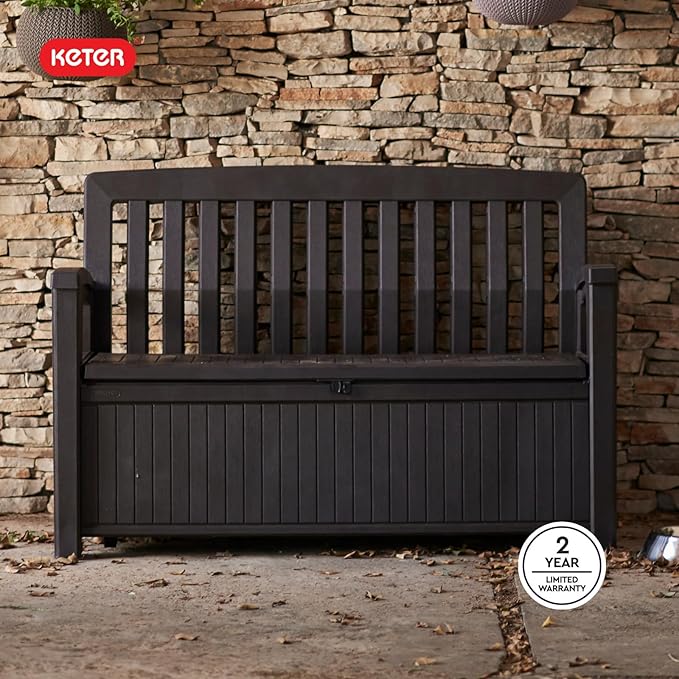 Keter 60 Gallon Storage Bench Deck Box for Patio Furniture, Front Porch Decor and Outdoor Seating – Perfect to Store Garden Tools