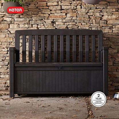 Keter 60 Gallon Storage Bench Deck Box for Patio Furniture, Front Porch Decor and Outdoor Seating – Perfect to Store Garden Tools