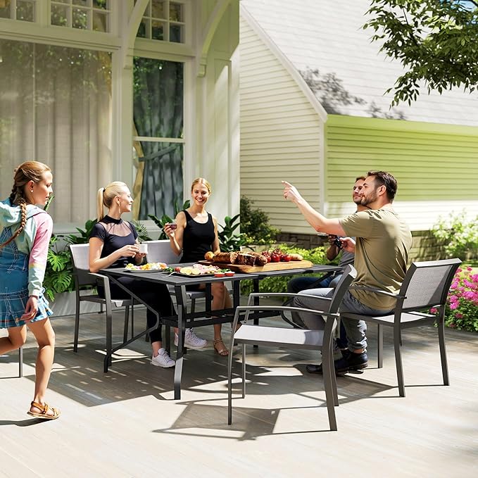 Outsunny Rectangle Outdoor Dining Table for 6 People, Steel Rectangular Patio Table with Umbrella Hole - Photo 9