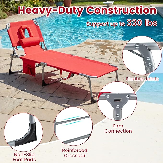 Giantex Face Down Tanning Chair, Folding Beach Lounge Chair w/ 4-Position Adjustable Backrest - Photo 6
