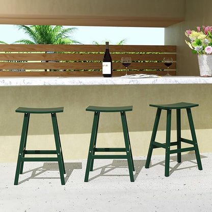 Costaelm All-Weather Bar Stools Set of 3, 29" Height Outdoor Bar Stools, Adirondack Poly Patio Bar Stool for Patio, Deck, Kitchen Counter and Garden, Dark Green