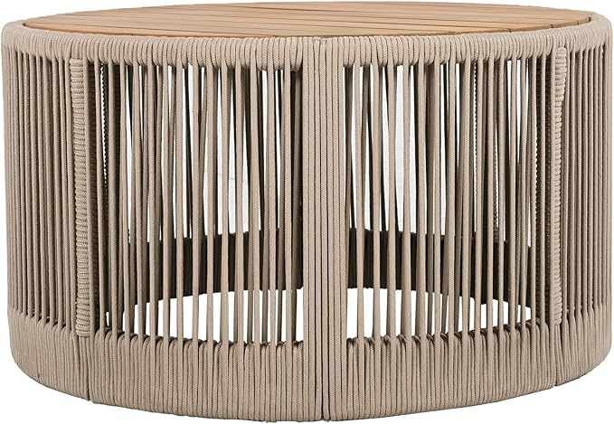 LUMISOL Acacia Wood & Rattan Rope Coffee Table for Outdoor, Patio Center Table with Wood Top, 26" Cocktail Table for Garden, Yard, Balcony, Teak+ Beige