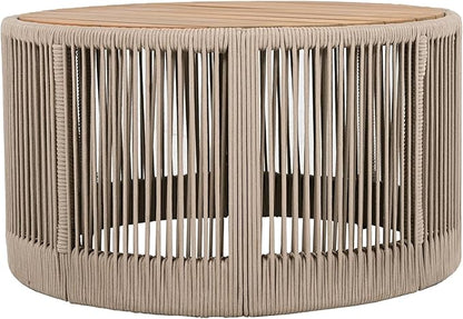 LUMISOL Acacia Wood & Rattan Rope Coffee Table for Outdoor, Patio Center Table with Wood Top, 26" Cocktail Table for Garden, Yard, Balcony, Teak+ Beige