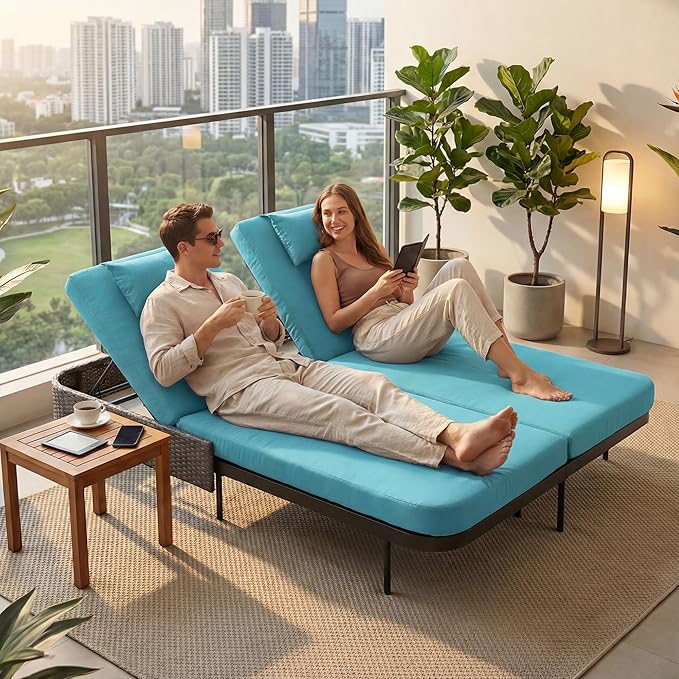 RADIATA 51.2" Outdoor Loveseat Sofa Bed, PE Wicker Patio Daybed with 2-Person Double Chaise Lounge - Photo 4