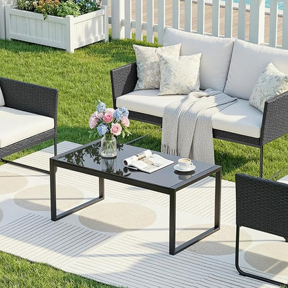 ONBRILL Rectangle Coffee Table with Tempered Glass Desktop, Galvanized Frame Outdoor Coffee Table with Adjustable Feet for Patio, Balcony, Deck, Living Room, Black