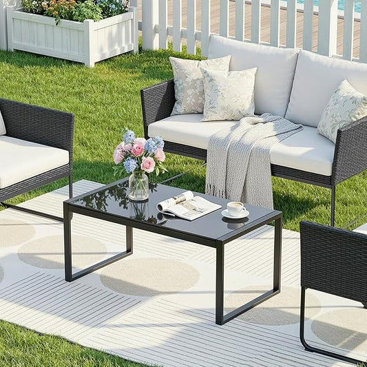 ONBRILL Rectangle Coffee Table with Tempered Glass Desktop, Galvanized Frame Outdoor Coffee Table with Adjustable Feet for Patio, Balcony, Deck, Living Room, Black