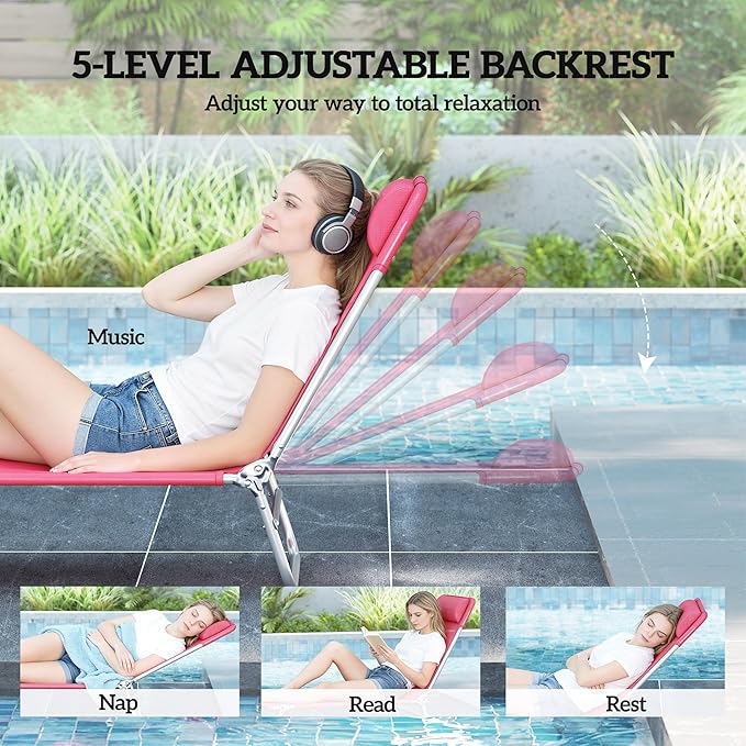 Outsunny Folding Chaise Lounge Chair, Pool Sun Tanning Chair, Outdoor Lounge Chair with Reclining Back, Breathable Mesh Seat, Headrest for Beach, Yard, Patio, Pink