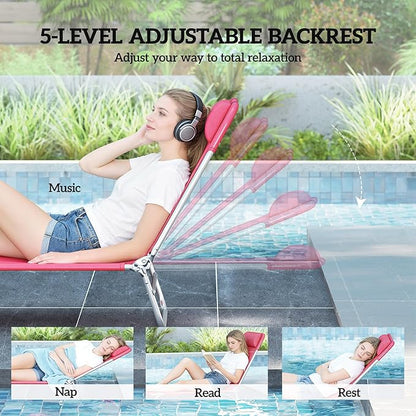 Outsunny Folding Chaise Lounge Chair, Pool Sun Tanning Chair, Outdoor Lounge Chair with Reclining Back, Breathable Mesh Seat, Headrest for Beach, Yard, Patio, Pink