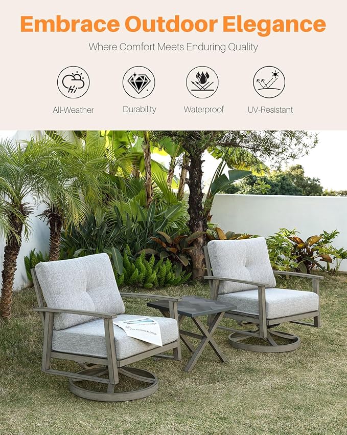 3 Pieces Outdoor Patio Bistro Set, Aluminum Swivel Chairs Patio Furniture Set with Thick Cushions, All Weather Patio Conversation Set with Side Table for Backyard, Balcony, Lawn, Limed Oak