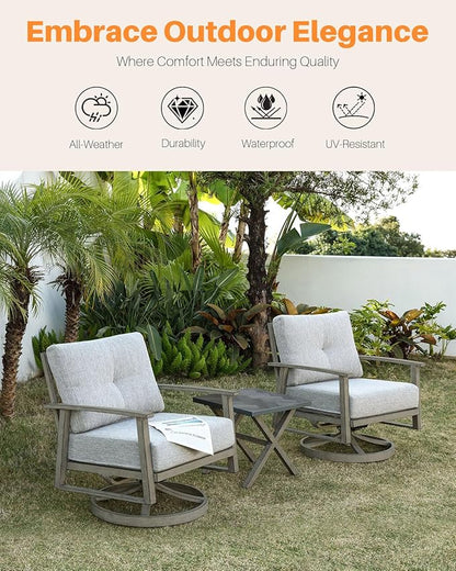 3 Pieces Outdoor Patio Bistro Set, Aluminum Swivel Chairs Patio Furniture Set with Thick Cushions, All Weather Patio Conversation Set with Side Table for Backyard, Balcony, Lawn, Limed Oak