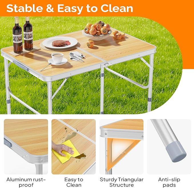 VINGLI 3FT Small Camping Table Adjustable Height Aluminum Folding Table for Picnic Party BBQ - Photo 4
