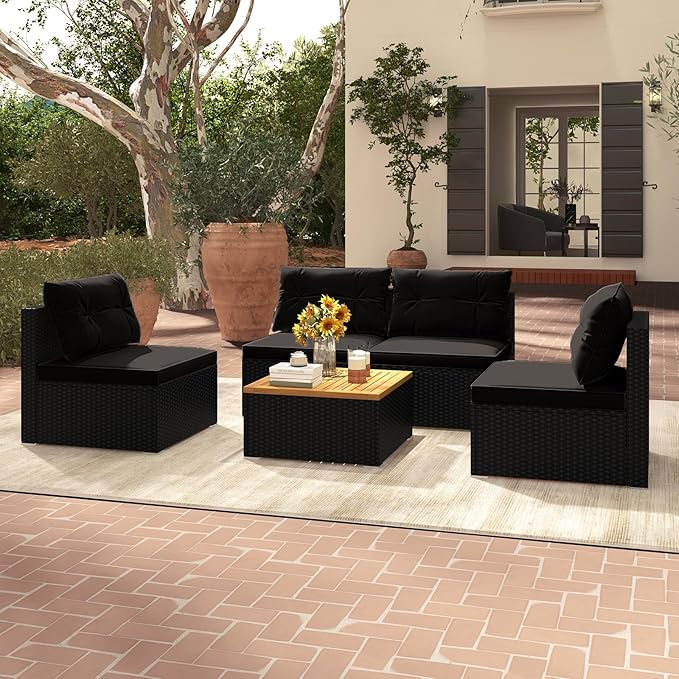 Tangkula 5 Piece Rattan Sofa Set, Outdoor Wicker Furniture Set w/Seat & Back Cushions, Square Coffee Table - Photo 2
