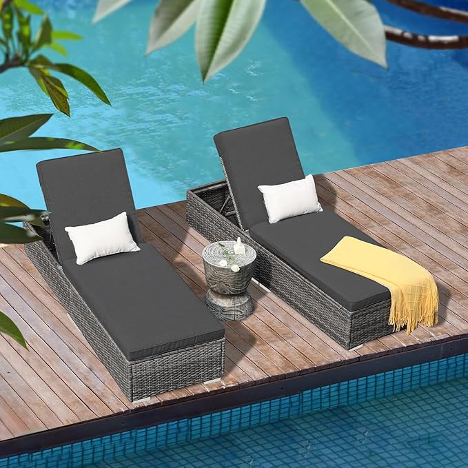 Patiorama Outdoor Patio Chaise Lounge Chair, Elegant Reclining Adjustable Pool Rattan Chaise Lounge Chair with Cushion, Grey PE Wicker, Steel Frame, Dark Grey, Set of 2