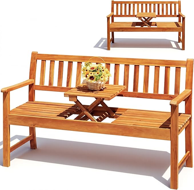 Flamaker Outdoor Bench with Pull-Up Center Table, Acacia Wood Bench Folding Loveseat for 2 Person, Weather-Resistant Patio Seating for Garden, Backyard, Porch, Poolside, Log Brown