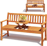 Flamaker Outdoor Bench with Pull-Up Center Table, Acacia Wood Bench Folding Loveseat for 2 Person - Photo 1