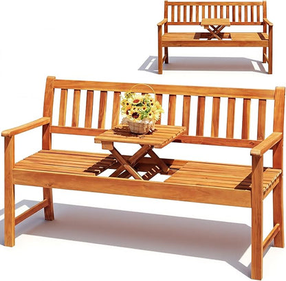 Flamaker Outdoor Bench with Pull-Up Center Table, Acacia Wood Bench Folding Loveseat for 2 Person, Weather-Resistant Patio Seating for Garden, Backyard, Porch, Poolside, Log Brown