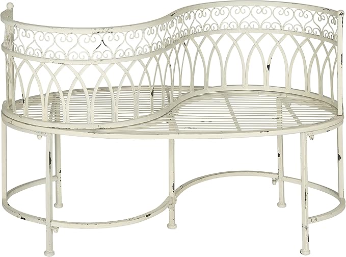 SAFAVIEH Outdoor Collection Lara Victorian Antique White Iron Kissing Bench