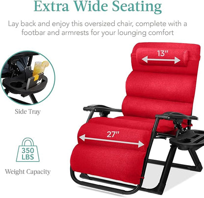 Best Choice Products Oversized Zero Gravity Chair, Folding Outdoor Patio Recliner, XL Anti Gravity Lounger w/Removable Cushion, Cup Holder, Side Tray, 350lb Capacity - Crimson Red