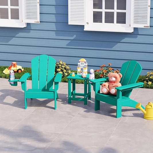 WestinTrends Malibu 3-Piece Kids HDPE Adirondack Chairs Set with Square Side Table and Cup Holders, Turquoise