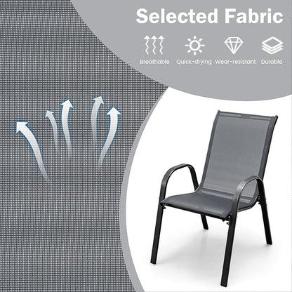 COSTWAY Patio Dining Chairs Set of 2, Stackable Outdoor Chairs with Armrest and High Back, Breathable Fabric & Metal Frame Chair for Garden Poolside Backyard Deck (Grey)