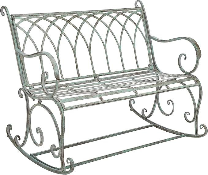 SAFAVIEH Outdoor Collection Ressi Victorian Antique Dark Green Wrought Iron Rock Bench