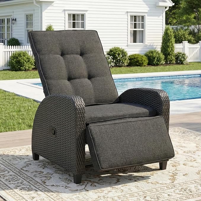 Green4ever Outdoor Patio Recliner with Adjustable Backrest and Footrest, All-Weather Wicker Patio Chair, 160° Lay Flat Patio Reclining Lounge Chair for Garden Backyard, Grey