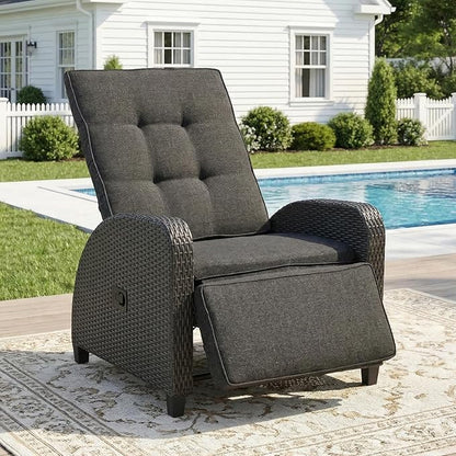 Green4ever Outdoor Patio Recliner with Adjustable Backrest and Footrest, All-Weather Wicker Patio Chair, 160° Lay Flat Patio Reclining Lounge Chair for Garden Backyard, Grey