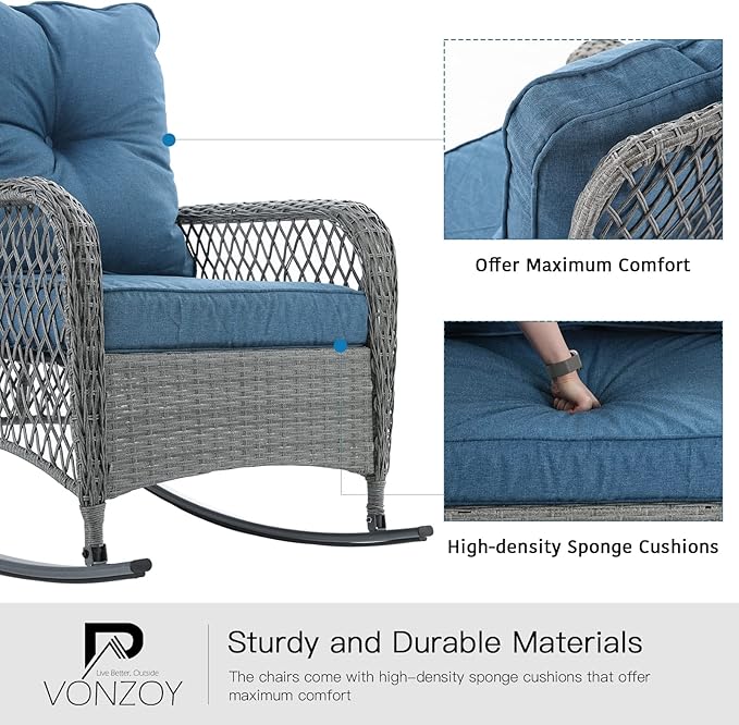 Patio Furniture Set 3 Pieces, Wicker Rocking Bistro Set with Thick Cushions, Outdoor Rocker Chairs and Coffee Table for Porch, Backyard or Garden (Blue)