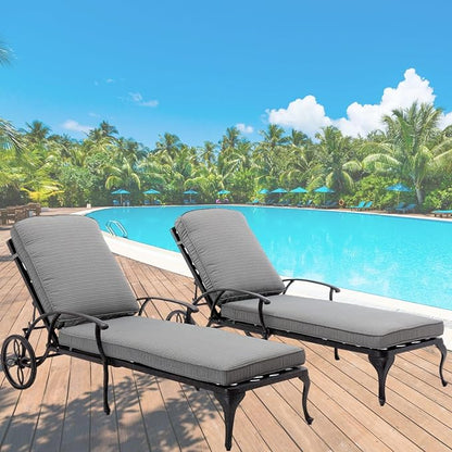 Chaise Lounge Outdoor Chair with Wheels, Adjustable Reclining Rust-Resistant Aluminum Cast Poolside Chaise Lounge Furniture Set of 2, Waterproof Grey Cushion