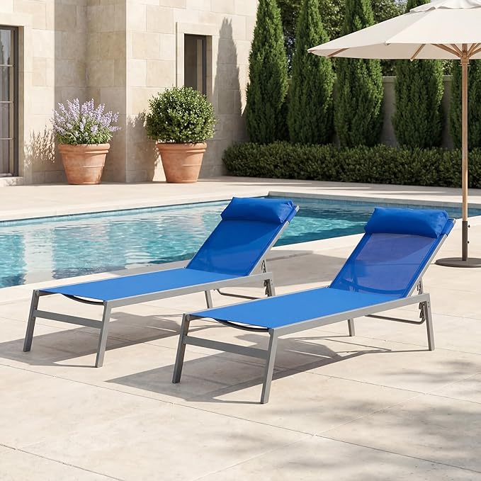 Kozyard Wilson Adjustable EDP Coated Wrought Iron Frame and Breathable Textilence Seat Chaise Lounge Chair (Blue - Photo 1