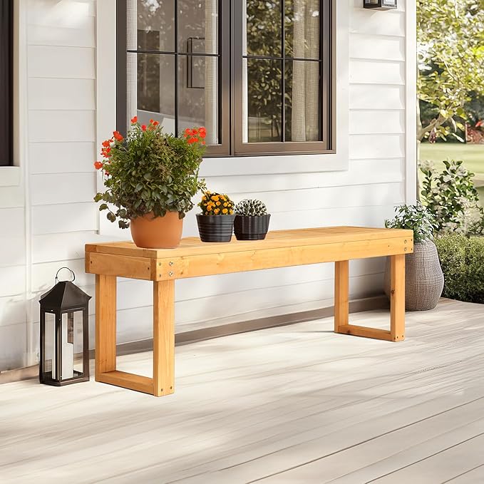 VINGLI 50'' Outdoor Wooden Bench, Weatherproof Outdoor Backless Bench, 2-Person Wood Patio Bench for Backyard, Poolside, Entryway