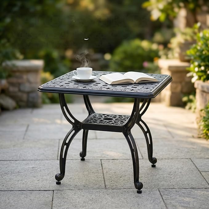 Square Outdoor Coffee Table, Cast Aluminum Side Table with Storage,Indoor End Table, All-Weather Bistro Table for Patio Garden Lawn,Black