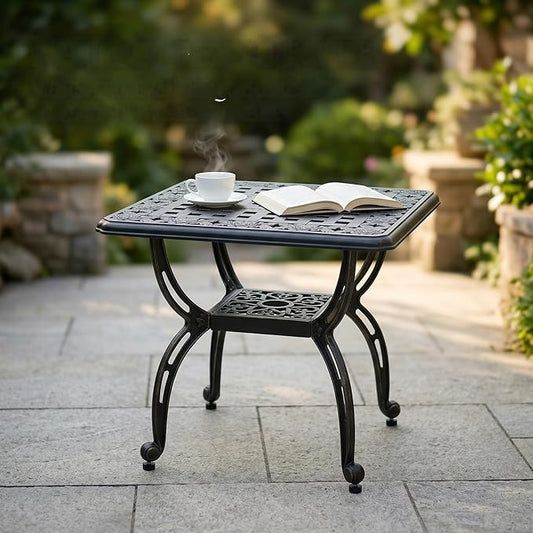 Square Outdoor Coffee Table, Cast Aluminum Side Table with Storage,Indoor End Table, All-Weather Bistro Table for Patio Garden Lawn,Black