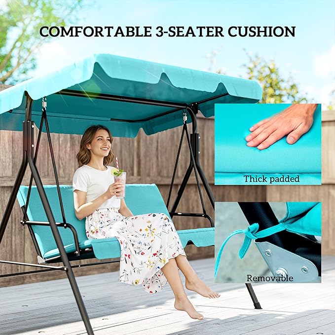 Outsunny 3-Seat Outdoor Patio Swing Chair with Removable Cushion, Steel Frame Stand and Adjustable Tilt Canopy for Patio - Photo 6