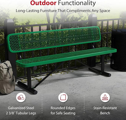 Leisure Craft Metal Outdoor Bench with Back - 6 Foot Heavy Duty Bench Seating for Garden, Porch, Picnic, Park, Expanded Metal, Thermoplastic Coating, Commercial Grade Furniture Made in USA - Green