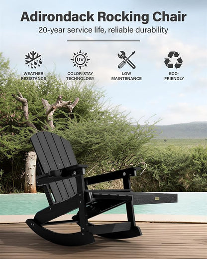 YEFU Rocking Chairs Outdoor Set of 4, Adirondack Chairs with Retractable Ottoman, Adjustable Adirondack Rocking Chair,Rockings Chair Outside,Weather Resistant,for Patio,Porch,Lawn,Heavy Duty,Black