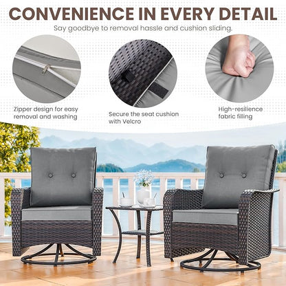 Gotland Outdoor Swivel Chairs Set of 2, 3 Pieces Patio Furniture Set with Thick Cushion, Wicker Rocking Patio Chairs Set of 2, Patio Bistro Set with Double-Layer Coffee Table for Balcony Porch Gray