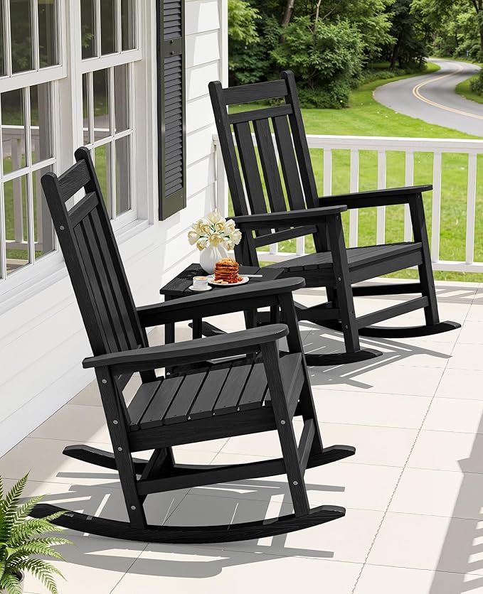 KINGYES Oversized Outdoor Rocking Chair Set of 4, All-Weather Patio Rocking Chairs for Porch, HDPE Outdoor Patio Rockers with High Back & Wide Seat for Garden, Lawn, Black