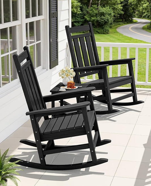 KINGYES Oversized Outdoor Rocking Chair Set of 8, All-Weather Patio Rocking Chairs for Porch, HDPE Outdoor Patio Rockers with High Back & Wide Seat for Garden, Lawn, Black